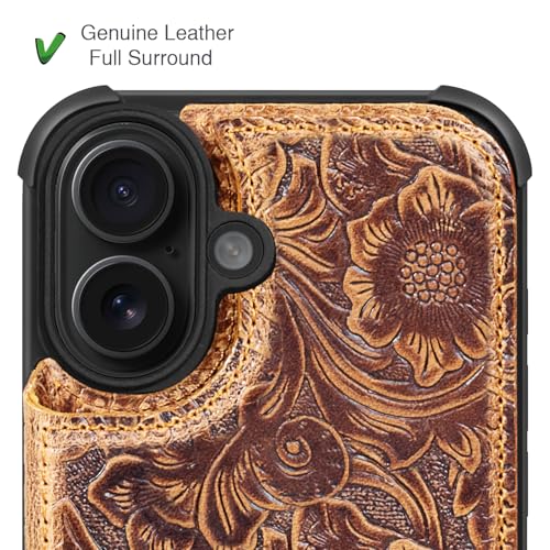 Wallet Real Leather Case Compatible with iPhone 17 6.1" Brown | Genuine Leather,Shockproof, Anti-Fall Case,Flip Cover,with Card Slot,Double Magnetic Buckle,Kickstand,RFID Blocking Brown - color: Brown, size: 6.1"-17