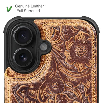 Wallet Real Leather Case Compatible with iPhone 17 6.1" Brown | Genuine Leather,Shockproof, Anti-Fall Case,Flip Cover,with Card Slot,Double Magnetic Buckle,Kickstand,RFID Blocking Brown - color: Brown, size: 6.1"-17