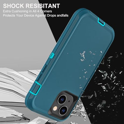 YKHJKLEC for iPhone 15 Case, Military Grade 3 in 1 Heavy Duty Shockproof/Drop Proof/Dust Proof Case with 2Pcs Tempered Glass Screen Protector (Blue/Turquoise) - color: Blue/Turquoise