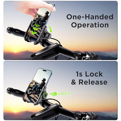 Bike Phone Mount Holder No Block Camera Motorcycle Cell Phone Holder Quick Lock 360° Rotate for iPhone 16 Pro Max for Samsung S25 Ultra 5.4''-7.2'' Smartphone