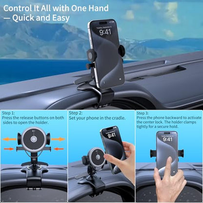 Universal 360° Rotating Dashboard Phone Holder for Car - Spring Clip Car Phone Mount, No Adhesive No Tools, Multi-Angle Adjustable Clip-On Holder for 4-7 inches Smartphones (Black)