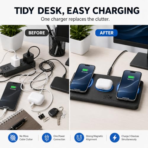 3 in 1 Magnetic Wireless Charger Pad for iPhone 17/16/15/14/13/12 Series, Fast Wireless Charging Station for AirPods 4/3/2 Pro, Raised Charging Pods Design, Magnetic Charging Mat with 24W Adapter