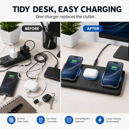 3 in 1 Magnetic Wireless Charger Pad for iPhone 17/16/15/14/13/12 Series, Fast Wireless Charging Station for AirPods 4/3/2 Pro, Raised Charging Pods Design, Magnetic Charging Mat with 24W Adapter