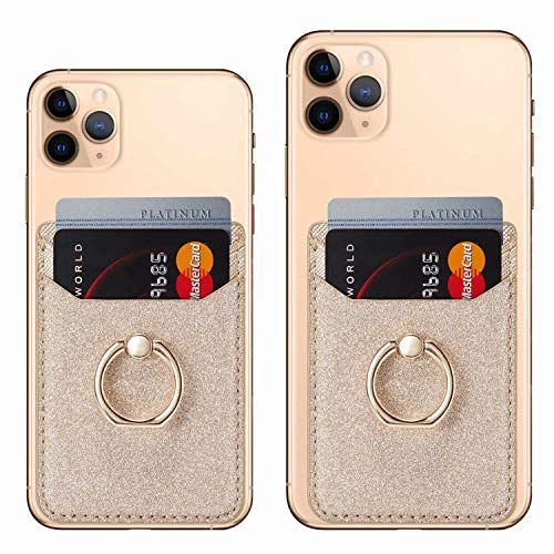 Card Holder Sleeve with Kickstand Ring for Women, 2 Pieces RFID Credit Wallet Glitter Stick On Back Grip for iPhone Samsung Smartphone - Pink + Gold - color: Pink + Gold