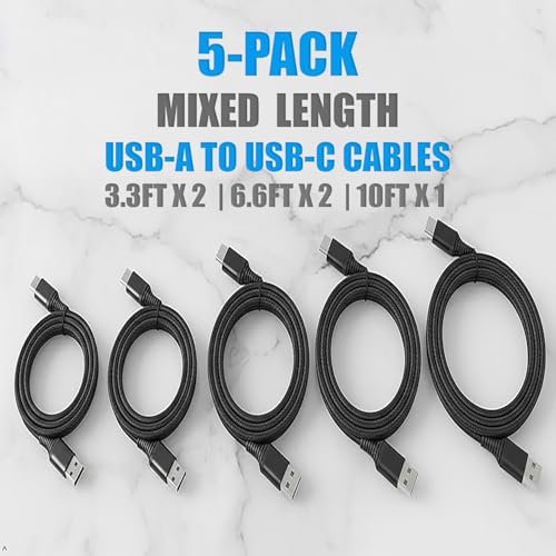 USB-A to USB-C Cable 5 Pack – 3A Fast Charging (QC 3.0), Mixed Length 3.3/6.6/10 ft, Nylon Braided, Compatible with iPhone 15/16/17, Galaxy S24/S23, Pixel & USB-C Devices - size: 5-Pack - Mix Length Set