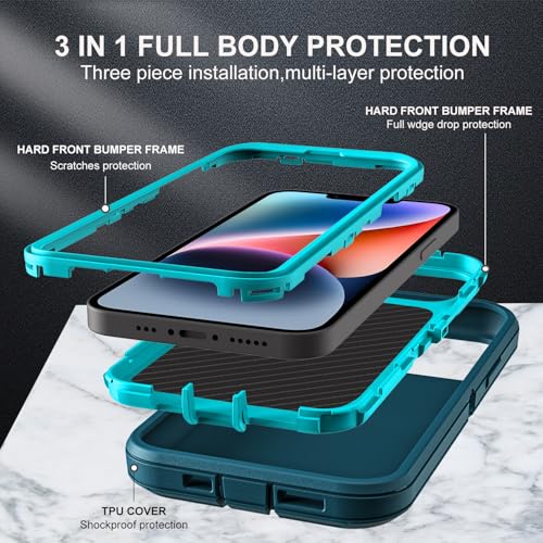 YKHJKLEC for iPhone 13/iPhone 14 Case, Compatible with Magsafe, 3 in 1 Heavy Duty Shockproof/Drop Proof/Dust Proof Case with 2Pcs Tempered Glass Screen Protector (New-Blue/Turquoise) - color: New-Blue/Turquoise