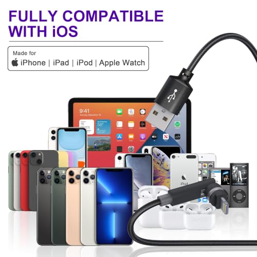 90 Degree Lightning Cable with 360 Degree Rotating Head 6.6FT [MFi & 2.4A Fast Charge & Data] Right Angle Nylon Braided iPhone Charger Cord Supports Apple Carplay iPhone14-5, Not Compatible with iPad