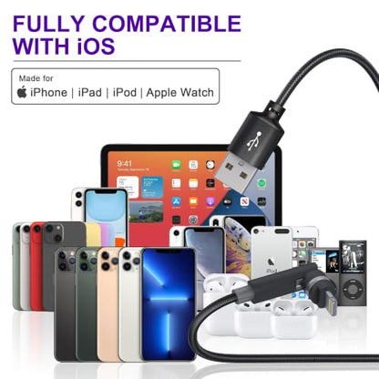 90 Degree Lightning Cable with 360 Degree Rotating Head 6.6FT [MFi & 2.4A Fast Charge & Data] Right Angle Nylon Braided iPhone Charger Cord Supports Apple Carplay iPhone14-5, Not Compatible with iPad