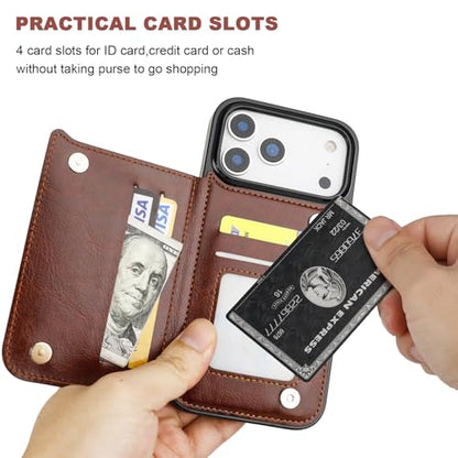 ONETOP for iPhone 17 Pro Max Wallet Case with Credit Card Holder,Brown | Kickstand,ID/Cash Holder,Case Wallet with Card Slots,Double Magnetic Clasp,Durable PU Leather Shockproof Cover for Women Men - color: Brown