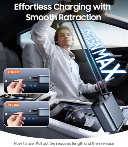 Temdan Retractable Car Charger,75W Fast Charger USB C Car Truck Accessories - color: Grey/C+L
