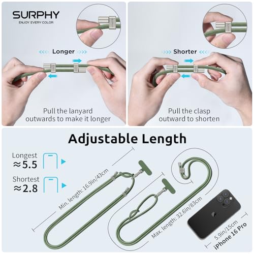 SURPHY Phone Lanyard Crossbody, Phone Strap Crossbody with 2 Tether Tabs - color: Army Green