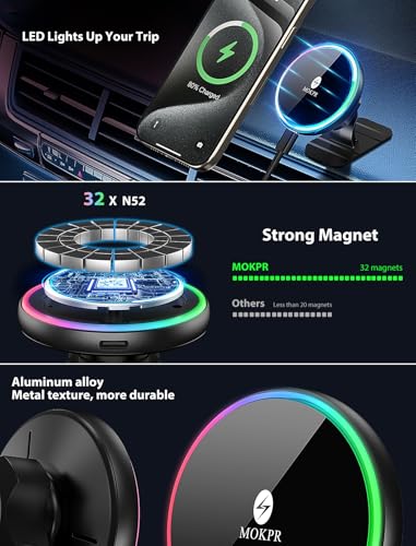 for Magsafe Car Mount Charger 15W LED RGB Car Phone Holder for Dash Vent - color: A Colorful Charger