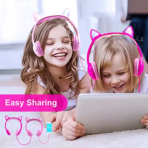 Olyre Kids Wired Headphones with Mic, LED Cat Ears Headset, Dual Audio Jack - color: Rose Red
