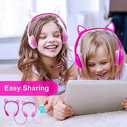 Olyre Kids Wired Headphones with Mic, LED Cat Ears Headset, Dual Audio Jack - color: Rose Red