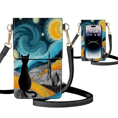 Small Crossbody Bags for Women Touchscreen Cell Phone Bag Cross Body Purses with adjustable Strap,Gifts For Teenage Girls - color: Starry Night Black Cat