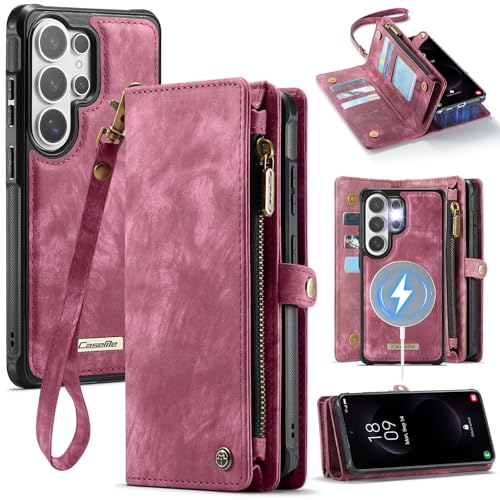 Compatible with Samsung Galaxy S26 Ultra Wallet Case with Magsafe with Zipper & Card Holder Strap Wristlet Detachable Magnetic Protective Back Case for Galaxy S26 Ultra 5G 6.9 Inch (Red) - color: (Detachable and Magsafe)-Red, size: S26 Ultra 6.9 Inch