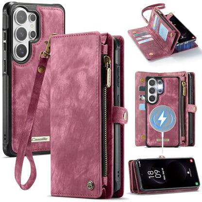 Compatible with Samsung Galaxy S26 Ultra Wallet Case with Magsafe with Zipper & Card Holder Strap Wristlet Detachable Magnetic Protective Back Case for Galaxy S26 Ultra 5G 6.9 Inch (Red) - color: (Detachable and Magsafe)-Red, size: S26 Ultra 6.9 Inch