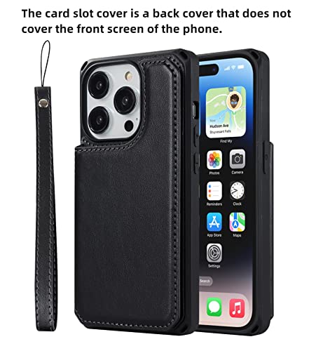 iCoverCase Compatible with iPhone 14 Pro Wallet Phone Case with Card Holder for Women, RFID Blocking Embossed PU Leather Wrist Strap Case 6.1 Inch (Macaron Black) - color: P-Black