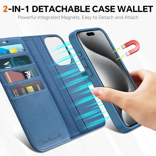 TUCCH 2-in-1 Removable Wallet Case for iPhone 15 Pro 6.1" 2023, Light Blue | RFID Blocking, 4 Card Holders, Kickstand, Wireless Charging, Shockproof TPU, PU Leather, Magnetic, Flip Cover - color: Lake Blue (2-in-1 Detachable)