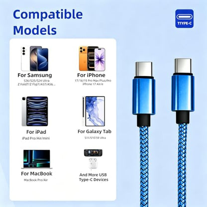 USB C to C Cable 60W 10ft 2-Pack Nylon Braided for iPhone 17/16/15 Blue - color: Blue, size: 10FT