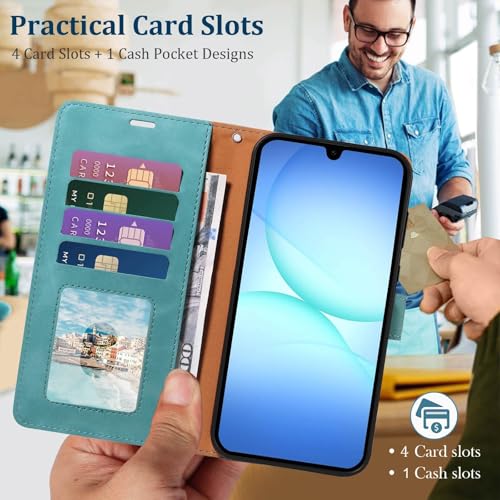 Wallet Case for Samsung Galaxy A17, RFID Blocking (Green) | 4 card slots with ID window, cash pocket, wrist strap, stand function, magnetic closure, flip PU leather, TPU inner shell - color: Green