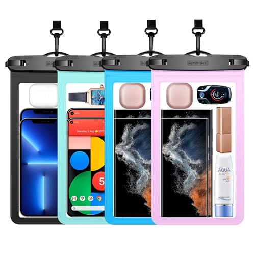 4 Pack 10.5“ Large Waterproof Phone Pouch - Underwater Clear Cell Holder - Universal Water Proof Dry Bag with Neck Lanyard for iPhone 16 Pro Max Samsung Galaxy with Heavy Case for Beach Swimming Pool - color: Black+Blue+Green+Pink