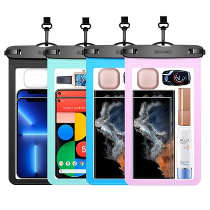 4 Pack 10.5“ Large Waterproof Phone Pouch - Underwater Clear Cell Holder - Universal Water Proof Dry Bag with Neck Lanyard for iPhone 16 Pro Max Samsung Galaxy with Heavy Case for Beach Swimming Pool - color: Black+Blue+Green+Pink