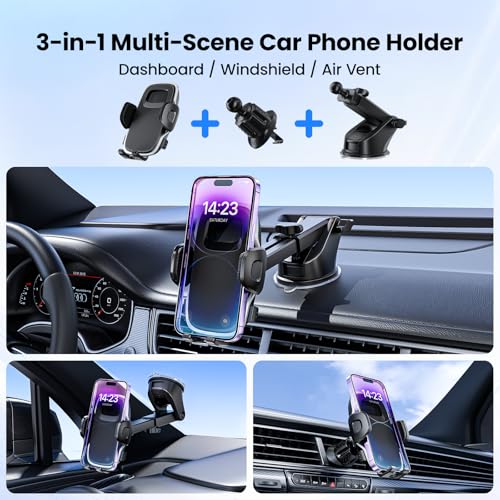 Phone Holders Car Dashboard/Windshield/Vent 3-in-1 Strong Suction Cup Phone Mount for iPhone 17/16/15/14, Samsung Galaxy S25/S24/S23, Thick Case Friendly 360° Rotation Hands-Free Stand