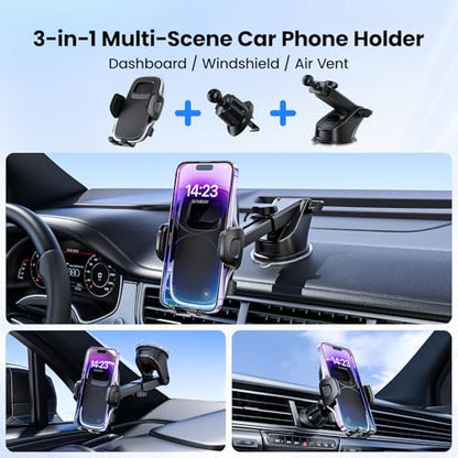 Phone Holders Car Dashboard/Windshield/Vent 3-in-1 Strong Suction Cup Phone Mount for iPhone 17/16/15/14, Samsung Galaxy S25/S24/S23, Thick Case Friendly 360° Rotation Hands-Free Stand