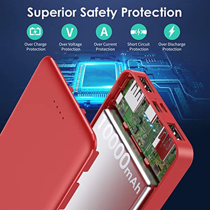 [2 Pack] Portable Charger Power Bank 10000mAh,Ultra Slim Compact External Battery Pack with USB C Input & Dual USB Outputs Backup Charger Compatible with iPhone 13,12, Samsung S20,Tablet-Black+Red - color: Black+Red