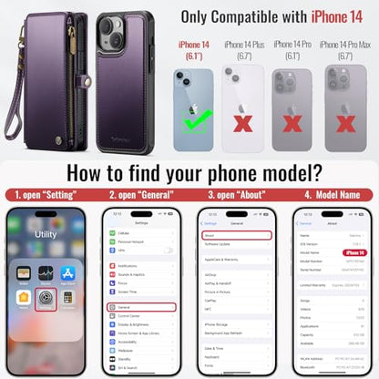 Defencase for iPhone 14 Phone Case Wallet Compatible with Magsafe, Purple | Magnetic Detachable, Drop-Proof Protective Wallet Cases Cover, with RFID Bolcking Card Holder, Zipper Strap, Soft PU Leather - color: (Detachable with Magsafe)-Purple