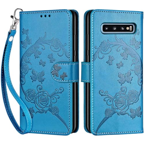 for Samsung Galaxy S10 Wallet case, Blue-Flower | 3 Card Holders, Kickstand, Shockproof TPU Shell, PU Leather, Magnetic Closure, Protective Flip Folio Cover, Women - color: 7