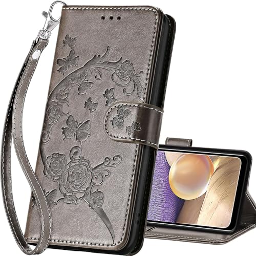 for Samsung Galaxy A32 5G Wallet case, Gray Flower | 3 Card Holders, Kickstand, Shockproof TPU Shell, PU Leather, Magnetic Closure, Protective Flip Folio Cover, Women - color: 9