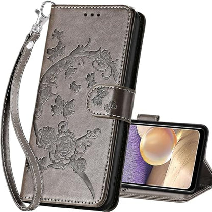 for Samsung Galaxy A32 5G Wallet case, Gray Flower | 3 Card Holders, Kickstand, Shockproof TPU Shell, PU Leather, Magnetic Closure, Protective Flip Folio Cover, Women - color: 9