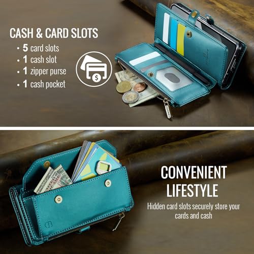 Strapurs Crossbody Wallet Case Compatible with Samsung Galaxy Z Fold 4 with RFID Blocking Card Holder & Pen Holder Slot Soft PU Leather Shoulder Strap Zipper Pocket Purse Fold 4 Phone Case, Blue Green | RFID Blocking 5-Card Holder, Shoulder Lanyard, Wirst