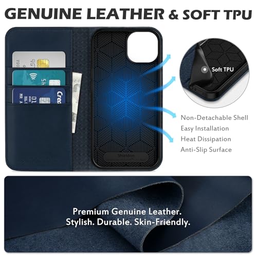 SHIELDON Genuine Leather Case Wallet for iPhone 13 6.1" 2021, Navy Blue | Magnetic Closure, RFID Blocking, Credit Card Slot, Kickstand, Flip Book Design, Shockproof Phone Cover - color: Navy Blue