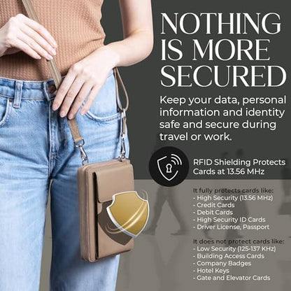 BULL GUARD Crossbody Bag for Women, Leather Phone Wallet Purse with Adjustable Anti Theft Strap & RFID Blocking 12 Card Slots - color: Xtraroom in Soft Grey Whisper Frappe
