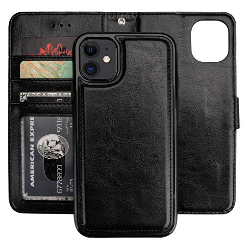 Bocasal Detachable Wallet Case Card Holder for iPhone 11, Black | Kickstand Card Slots Holder PU Leather Magnetic Shockproof Wrist Strap Removable Flip Protective Cover 6.1 inch - color: Black
