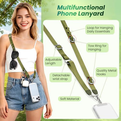 takyu Multifunctional Phone Lanyard, 3 in 1 Cell Phone Detachable Adjustable Crossbody Strap & Neck Lanyard & Wrist Lanyard with 2x Tether Tab for Most Smartphones, Outdoor Travel Essential Green - color: Greenx1