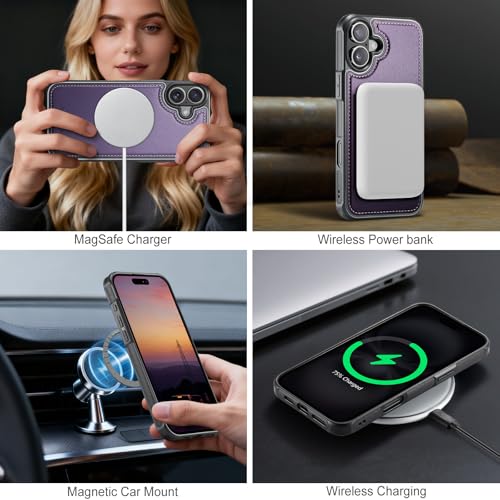 WJX for iPhone 16 Plus MagSafe Wallet Case, 2-in-1 Detachable Luxury Card Holder, Universal MagSafe Compatible, RFID Blocking, Shockproof Kickstand Slim Cover， Grape Purple - color: Grape purple, size: iPone 16 Plus