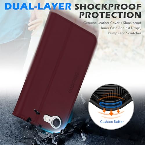 SHIELDON Genuine Leather Case Wallet for iPhone 17e/16e 6.1", Wine Red | Flip Magnetic Cover, RFID Blocking, Credit Card Slot, Kickstand, Book Design, Soft Shockproof Phone Shell - color: Wine Red