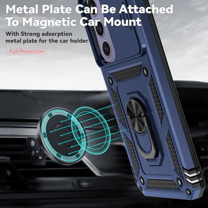 for Samsung Galaxy S24 FE Case with Camera Lens Cover HD Screen Protector, Dual Layer Military-Grade Drop Tested Magnetic Ring Holder Kickstand Protective Phone Case for Galaxy S24 FE (Navy Blue) - color: Navy Blue with camera cover Military-Grade 2nd gen