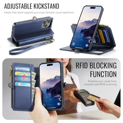 for iPhone 14 Pro Phone Case Wallet Magnetic Detachable, Navy Blue - color: Navy Blue, size: iPhone 14 Pro
