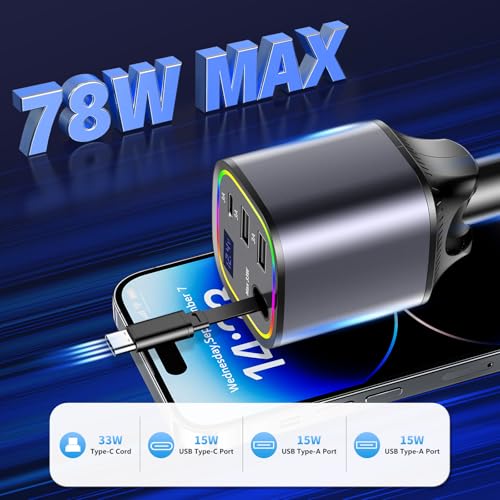 Retractable Car Charger, 4 in 1 Fast Car Charger 78W with 4 Ports(Grey) - color: Grey