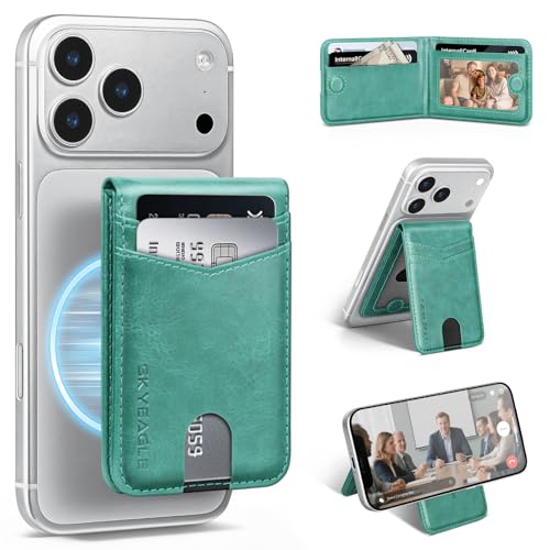 RFID Blocking MagSafe Wallet Stand with Card Holder,5 Card Slots & ID Window,PU Leather Magnetic Phone Adjustable Kickstand for iPhone 12/13/14/15/16/17 Pro Max & Air Plus Series,Blue Green - color: Blue Green, style: Stand Wallet