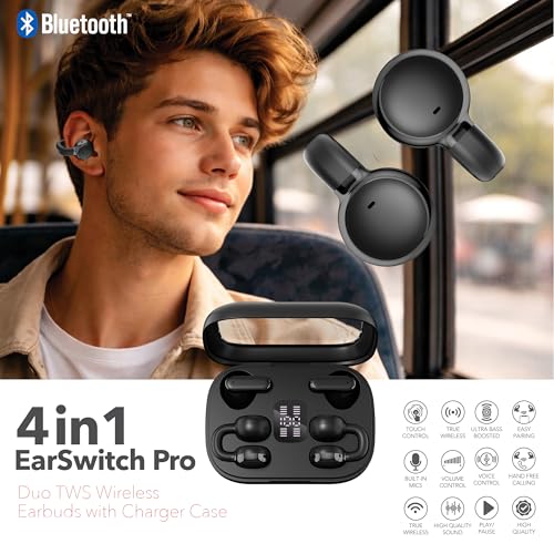 RCA EarSwitch Pro 4-in-1 Duo TWS Wireless Earbuds, Bluetooth 5.4 Open-Ear & in-Ear Dual Buds with LED Charging Case, Touch Control, Built-in Mic, 6H Playtime for Sport & Office (Black) - color: Black