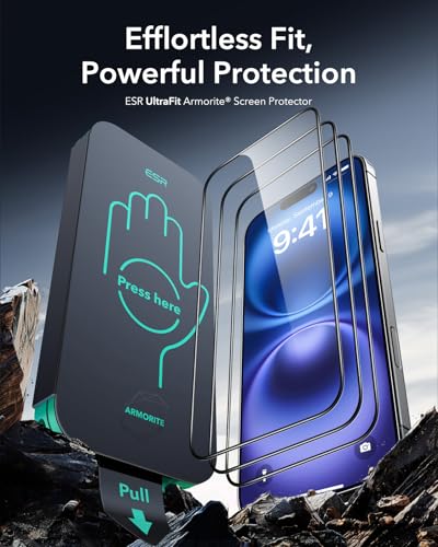 ESR 3 Pack for iPhone 16 Plus/15 Plus Screen Protector, Armorite | 7X Impact Absorption, 9H+ Tempered Glass, Easy One-Pull Installation, Full-Coverage Protection, UltraFit Tray, Bubble-Free - size: iPhone 16 Plus/15 Plus 6.7 inch