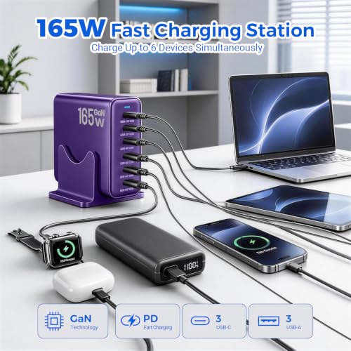 165W GaN Charging Station, 6-Port Desk Charging Station, Purple - color: Purple