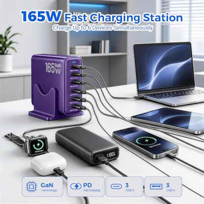 165W GaN Charging Station, 6-Port Desk Charging Station, Purple - color: Purple
