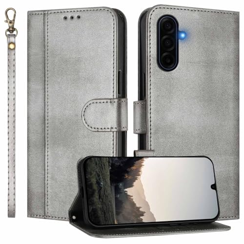for Galaxy A17 5G Phone Case Wallet and Wrist Strap (Gray) | Card Holder Slots, PU Leather, Flip Cover, Magnetic Closure, Kickstand, Folio Protective, for Samsung A17 Case - color: Gray